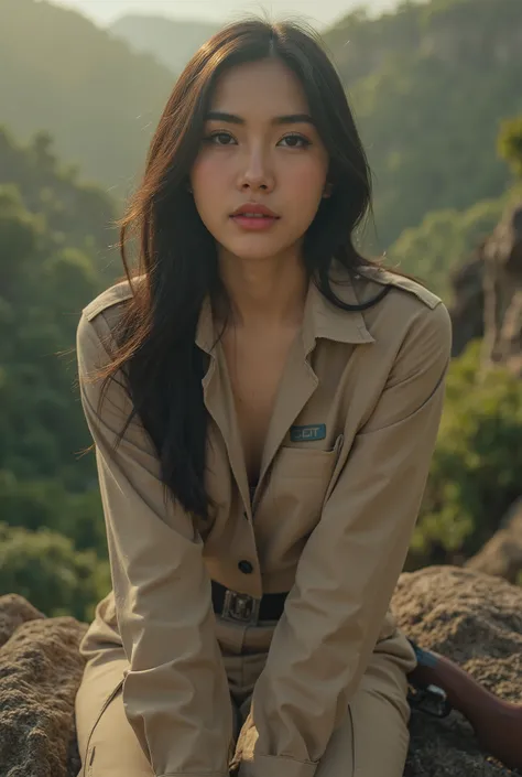 A beautiful Thai actress, aged 25, with smart and captivating features, stunning eyes, and long black hair, wearing an elegant English-style safari outfit with a white shirt, holding a hunter's rifle, sitting on a steep cliff in a primeval forest, in an ac...