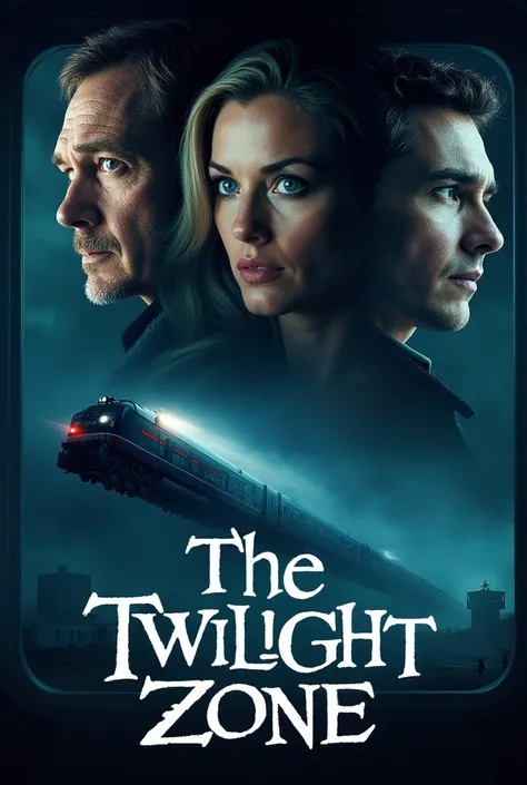 (fantasy horror movie poster), ((big title, The Twilight Zone: Night Train)), ((overlapping images, a man and woman looking out in a train window in shock and open eyes and mouse), (British man, blonde American woman, dark-haired black man), ((below, a tra...