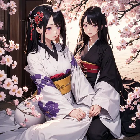 A feminine and elegant Twins Lady in a kimono, with black long hair and purple eyes, sitting among White and red plum blossoms. In a Japanese-colored, soft watercolor style.Bright effect and halation