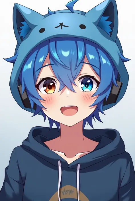 Anime style male streamer, With short blue hair,  a brown eye and a blue eye, with a blue cat hat , and some !