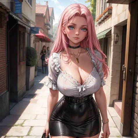 Masterpiece, beautiful art, 8k, art style by sciamano240, very detailed face, detailed hair, detailed clothes, detailed fabric, 1girl, beautiful face, long hair, hot pink hair , model head shot, facing camera, very detailed green eyes, sultry smile, wearin...