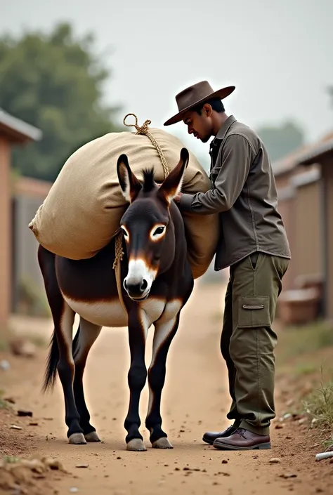 The farmer tying a new, even bigger sack onto the donkey’s back. The donkey stands still but has a sly look, as if planning to repeat its trick. The background shows a village setting.hi power real estate 