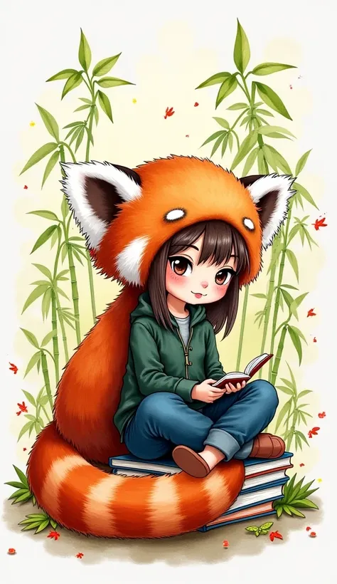 A shy, bookish girl discovers her magical heritage, fusing with a mischievous red panda. Depict the transformation as a playful explosion of color, with leaves and bamboo swirling around her.
   * Pose: Sitting cross-legged, surrounded by books, as the red...