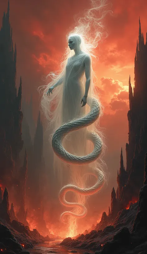 Give me prompt for hybrid image‏Realistic painting of a ghost and snake , graceful and majestic, in the hell