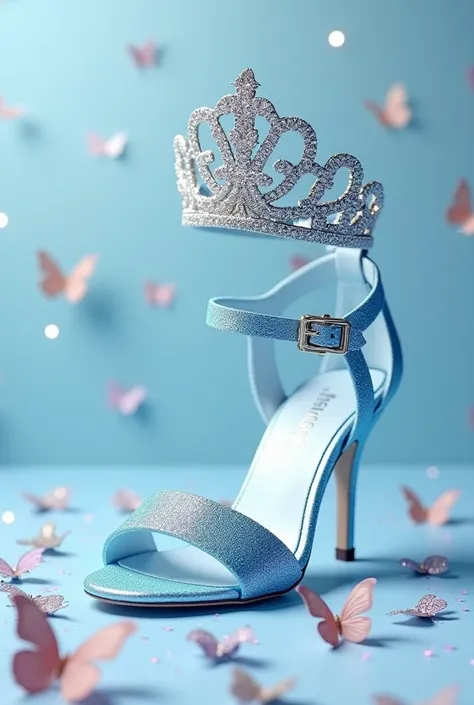 A stunning and extravagant baby blue queen crown adorned with diamonds, The name " SASHMIKA'S " " Matric Farewell" "Send off" is elegantly written in pastel cursive typography below the crown. A baby blue glitter sandal sits at the center, surrounded by de...