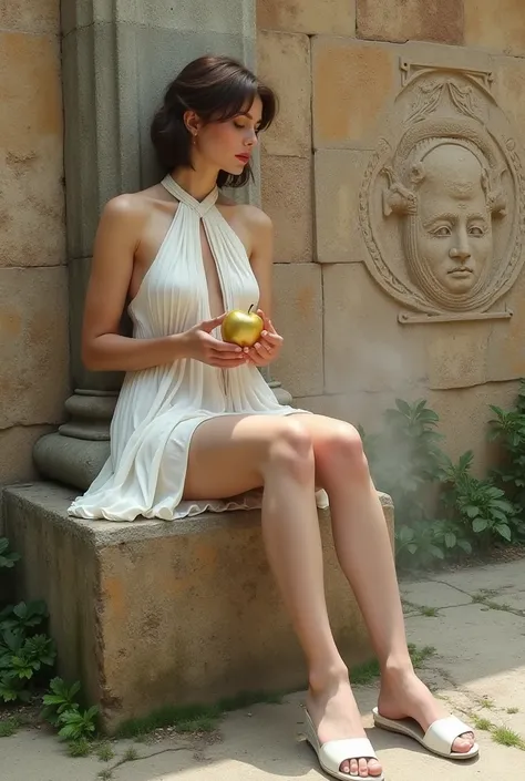 three wide hips Greek woman sitting on the stone block hugging in white futuristic colonial high halter jumper pleated light short dress blown up by the wind and pantyhose and white platform sandals holding golden apple, wide hips, short torso, small torso...