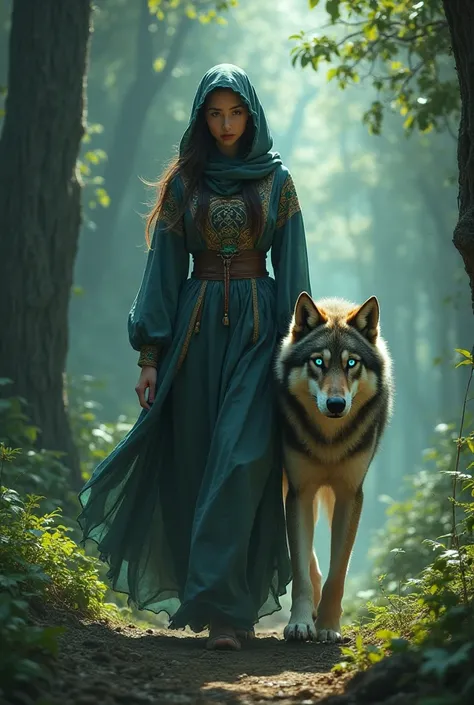 A woman wearing a hooded gamis walks with a wolf 