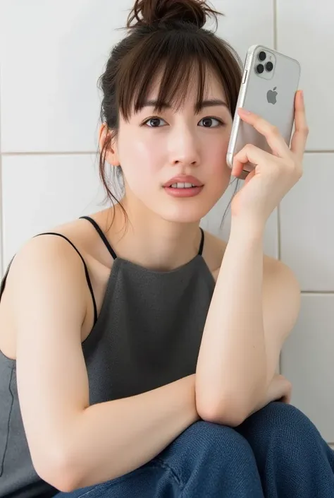  beautiful、Sexy、Mischievously、 Obscene Japanese Woman ,   slim fit body  ,  cute woman with a playful impression 、 is taking a selfie with her iPhone in the bathroom,  photorealistic,  very detailed,