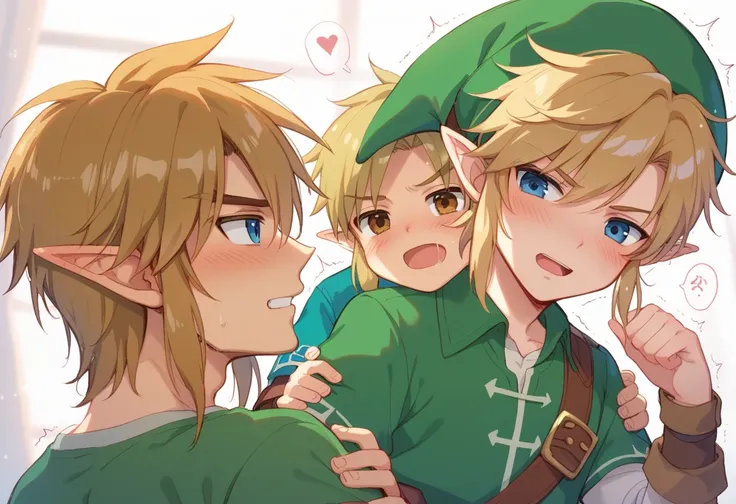  Shota,Boy Link is hugged from behind by Reed ,The Legend of Zelda Boy Link, Japanese, man,whole body, feeling face, thin body on the face, green uniform ,Green hat,複数の男に semenをかけられているゼルダ伝説のChildren&#39;s Link,少年リンクがBoy Link is hugged from behind by Reed ,...