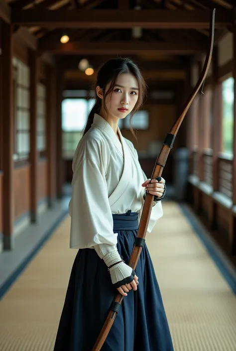 A beautiful Japanese woman in a traditional kyūdō uniform, standing in an authentic kyūdō dōjō (Japanese archery dojo). She is wearing a white short-sleeved uwagi (upper garment) and a dark navy hakama (pleated trousers), with a kyūdō chest protector (mune...