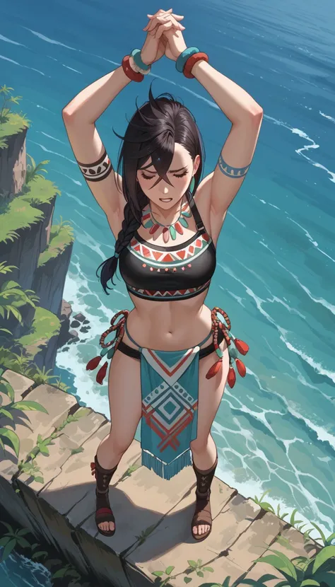 score_9, score_8_above, score_7_above, score_6_above, score_5_above, score_4_front, Rape, 18 year old Ayase Momo as a legendary female anime warrior with blue and black braids and tribal war paint, standing fearlessly on the edge of a cliff with the sea be...