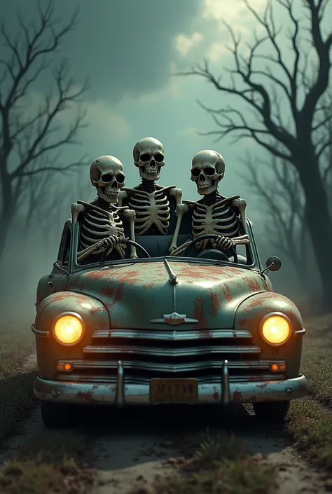 Create a drawing of skulls driving a car