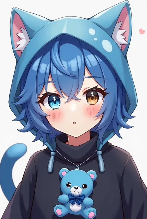 Genshin Impac style boy with short blue hair, With one brown eye and one blue eye,  with a blue cat hat, And a black sweater, with a blue teddy bear pendant