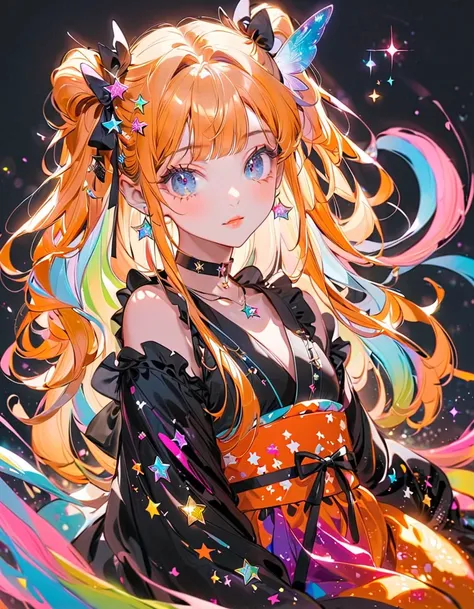  best detail、  in the seat，，Blink， （  the hair color is milky white and the tips of the fur are blue）、  cutest girl in the world   ，（orange neon color star choker、Ruffles on the collar、 Wear a colorful and cute goth kimono costume  ,Shoulders are exposed、T...