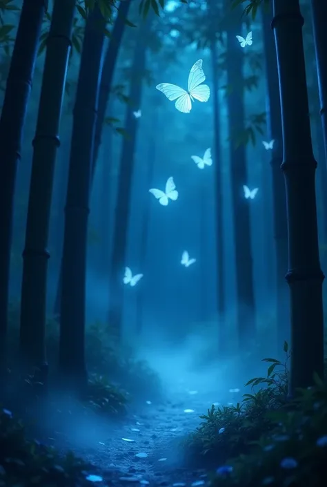 "A mystical bamboo forest at night, bathed in soft blue moonlight. The tall bamboo stalks are dark and slightly swaying, creating an eerie yet serene atmosphere. A light mist covers the ground, glowing faintly in a ghostly blue hue. Ethereal, glowing blue ...