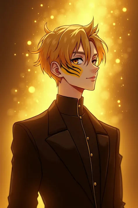 Male 20 years old ,귀여운 얼굴,blonde short garma hair, Wears a black suit ,Gold surrounds the body , A tiger pattern is drawn on the face