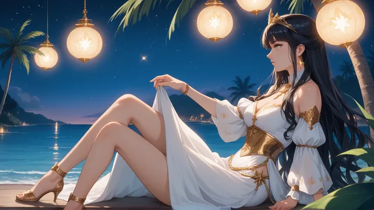  score_9,  score_8_ up the side,  score_7_ up the side,  1 girl,  tropical night , Night Sky, star, glowing lanterns, water,  palm tree ,  Medieval Dress , white cloth, silky and soft fabric, high slit, deep neckline,  golden accessories , intricate embroi...