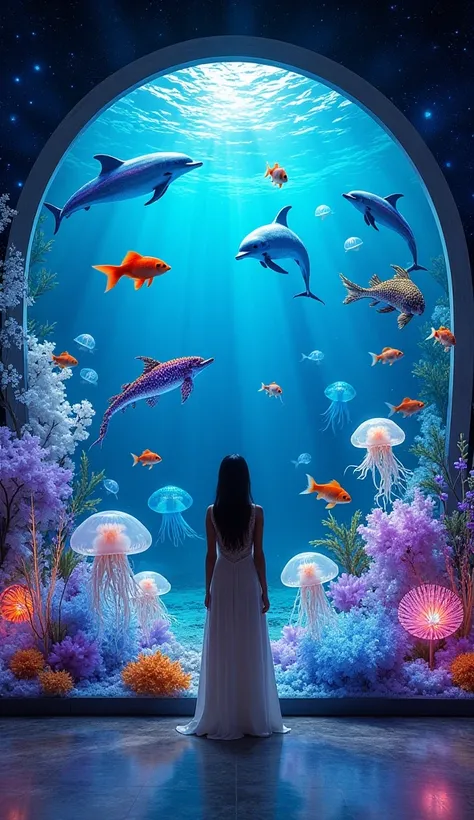 An aquarium full wall of aquariums。An aquarium full wall of aquariums。
What is inside the water、 starry sky sparkling around it。The dolphins sparkle and swim vividly、紫とblueと黄色の模様の光輝く熱帯魚や、透明なlight blueとピンクの電気クラゲ、 brightly colored goldfish swimming inside a ...