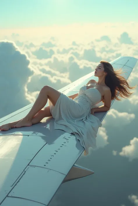 Woman lying on top of airplane wing