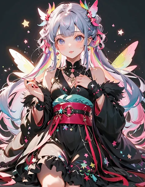  best detail、  in the seat，，Blink， （  the hair color is milky white and the tips of the fur are blue）、  cutest girl in the world   ， Wear a colorful and cute goth kimono costume  ,Shoulders are exposed、 star fairy , Wear a colorful and cute goth kimono cos...