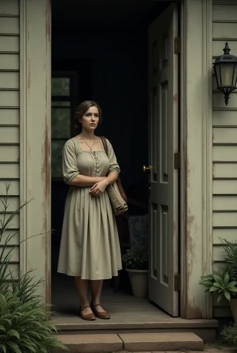 The housewife waiting outside of the doorstep leaning on the door with a sad face waiting for her husband to get home and make it a vintage housewife 