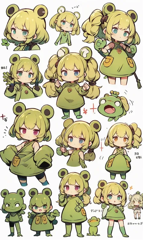 Vivid frog girl, Wakfu style manga,, Concept art,   Details,  top quality,  white background, 32K uhd, (frog costume:1.5)