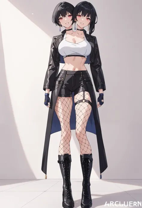 2heads, a tall thin woman with 2 heads, black hair, red eyes, black footwear, black gloves, black hair, black jacket, crop top, black fingerless gloves, fishnet pantyhose, knee boots, leather jacket, She is inside a bedroom. large breasts