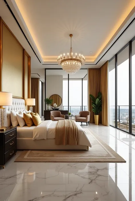 An expansive, modern bedroom with a sophisticated gold and neutral color scheme, creating a luxurious and inviting space. The walls are painted in a soft cream color, with one feature wall adorned in a rich gold wallpaper with a subtle geometric pattern. T...