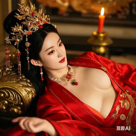 A Chinese empress reclines on her side. She is adorned with a phoenix crown and dressed in a deep red Chinese silk wedding gown. A large expanse of her chest is exposed, and the silk fabric has a smooth and lustrous sheen. The deep V-neck of the wedding dr...