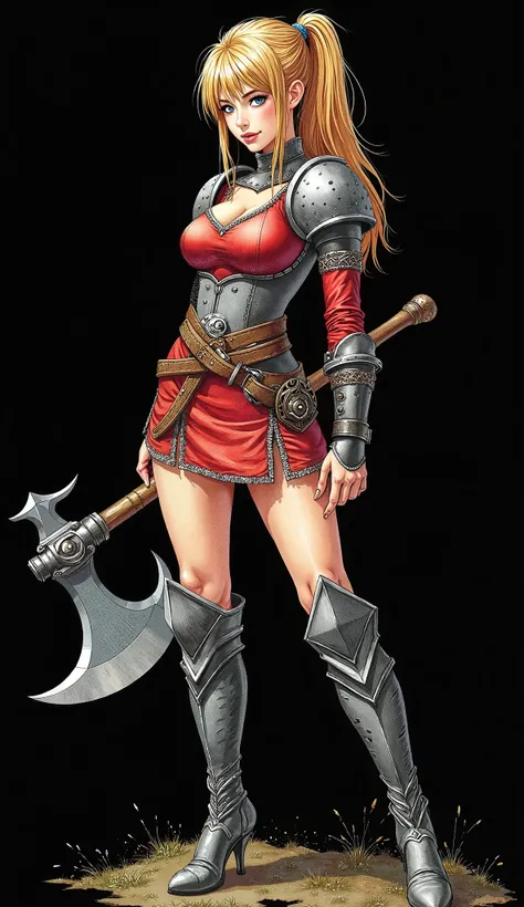 best quality, watercolor drawing, masterpiece, (detailed hands), warrior girl, random haircut, random color hair,  chainmail , plate high heel boots, huge breasts, perfect face, beautiful face, fantasy, ((full body)), axe, smile, (((black background)))