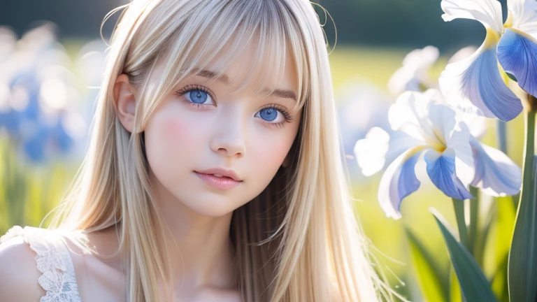  beautiful cute face, beautiful beautiful blonde hair ,Half Body Shot,美しい長いbangs, beautiful cute hair between the eyes , model,Round face、very bright pale light blue eyes、 big eyes、pure white beautiful skin 、 the luster of young cheeks 、Pink dress、 long ha...