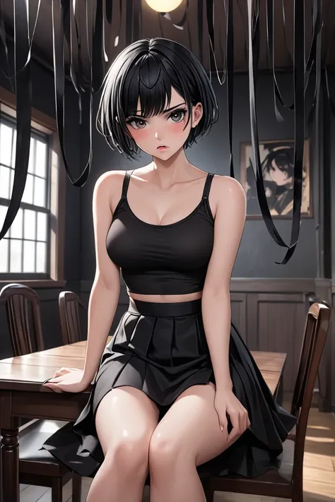 (masterpiece, best quality, 8k, high definition), whole body, 1 woman, black pixie cut, mid-chest, dark grey eyes, soft lips, beautiful face, wearing a black tanktop and tight black skirt, natural light, detailed background, Detailed Illustration Art, tsun...