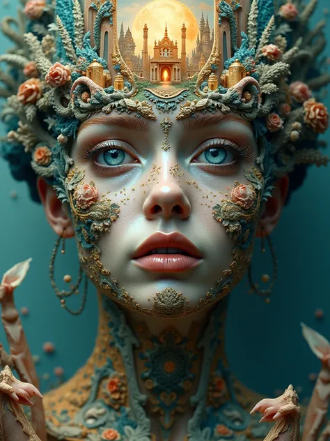 
a woman's face with mystical images, in the style of surreal 3d landscapes, vivid colors, highly detailed figures, fantastical ruins, organic nature-inspired forms, intricate costumes, harmonious chaos, hyper realistic photography
