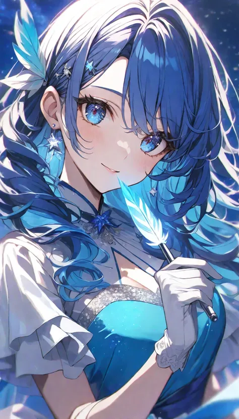 Woman with blue night hair, white and blue stars dress, hairpins, white gloves, night blue eyes, layered hair, star earrings, pretty, holding magic feather pencil 