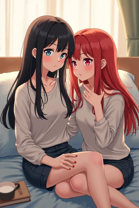  two girls.  alone with black hair , the other one with redheads. they're sitting on the bed 