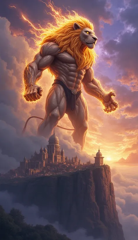 *"A colossal, muscular humanoid lion titan, standing at the top of a floating mountain, looking down upon a massive, gleaming city far below. Its fur radiates in golden flames, merging with storm clouds and ocean currents that swirl around its powerful for...