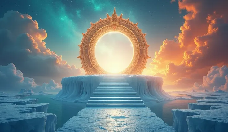 A fantastical scene depicting a grand portal at the center, radiating bright light. The portal is intricately designed with golden arches and sits atop a staircase that ascends from a floating, ice-like platform. On one side, the platform is surrounded by ...