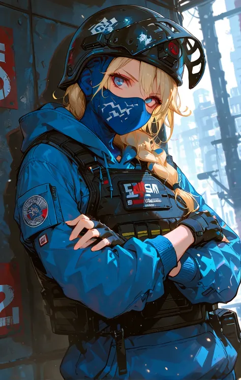 masterpiece, best quality, dynamic angle, 1girl, solo, elsa,blonde hair, helmet, balaclava, face shield, bulletproof vest, blue eyes, hoodie, fingerless gloves, arms crossed, looking at viewer,