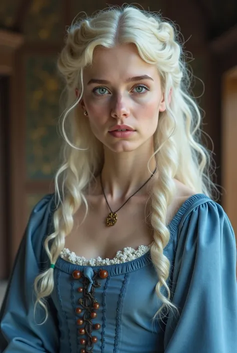  A woman of Slavic appearance.  light skin ,  white wavy hair,  sky blue eyes ,  WHITE LASHES ,  white eyebrows , straight nose,  plump lips , sunken cheeks. She has a kind and tired face. Small wrinkles are visible. She is wearing a blue medieval dress. I...