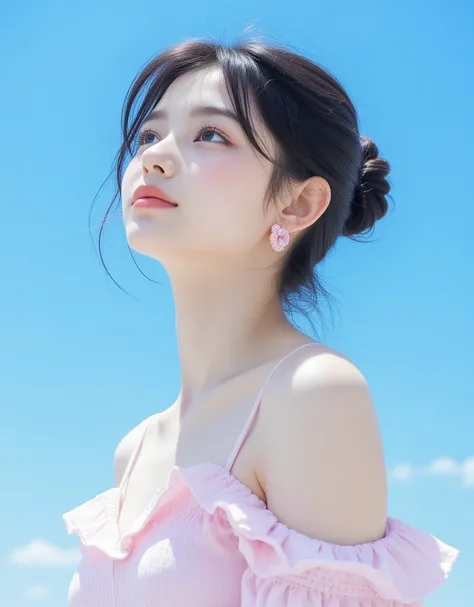 ( super cute busty korean college girl is looking up at a beautiful clear blue sky:1.2)(Happy smile:1.2)(16k,  RAW photos ,  top quality,  Masterpiece: 1.2),( cute bun hair with glossy black hair )  Super Detail,  Super Resolution, (Genuine, Genuine photos...