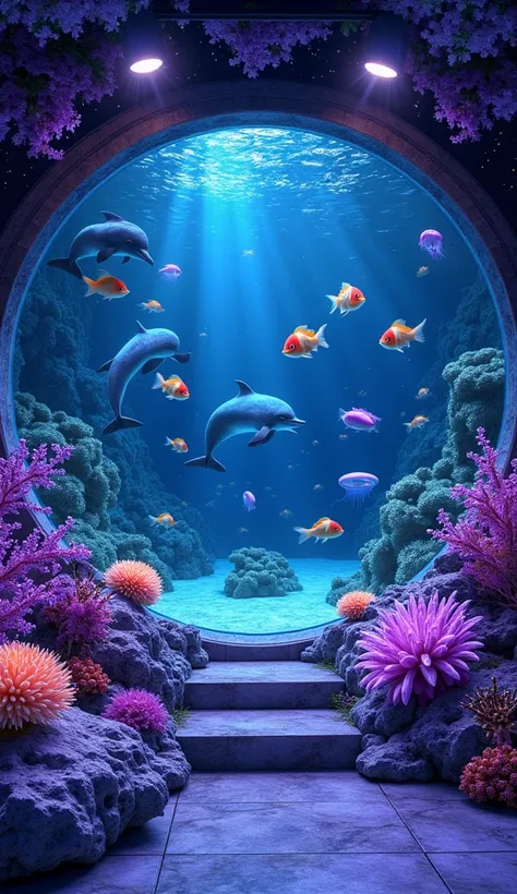 An aquarium full wall of aquariums。An aquarium full wall of aquariums。
What is inside the water、 starry skies。The dolphins sparkle and swim vividly、紫とblueと黄色の、Tropical fish shining in fluorescent colors、蛍光色のlight blueとピンクの電気クラゲ、 brightly colored goldfish s...