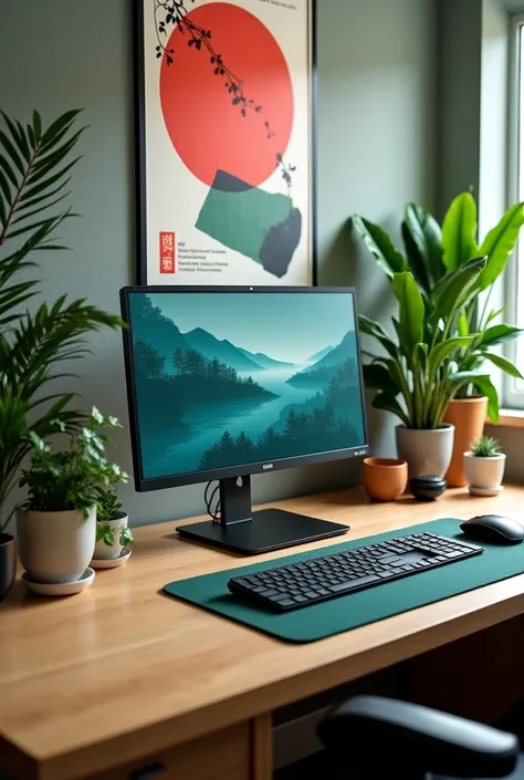 Computer desk set up with light brown table and dark green keyboard and mouse pad with plants and with japanese poster on the wall