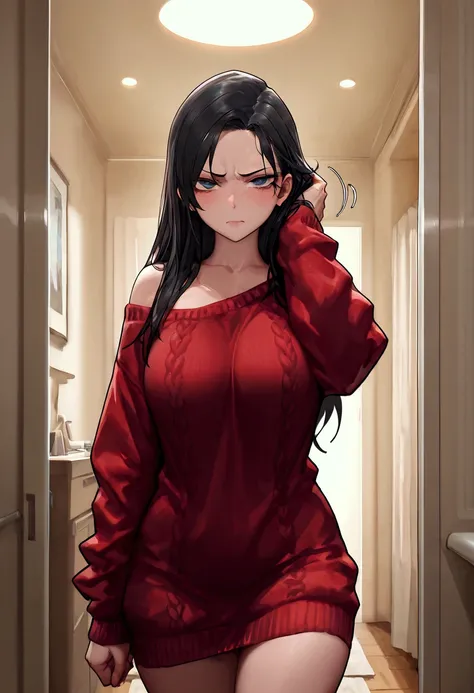 sweater only, wear a sweater with a half open, seductive look, female, adult, grumpy, disgust, puzzled, scratching head, standing, looking at viewer, eyes half-closed, in the room, in the morning, motion lines, detailed background,
