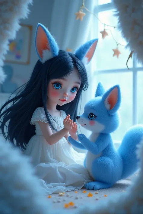 A girl with long black hair and blue eyes in a kangaroom in the form of a blue fox with covers picked up a phone