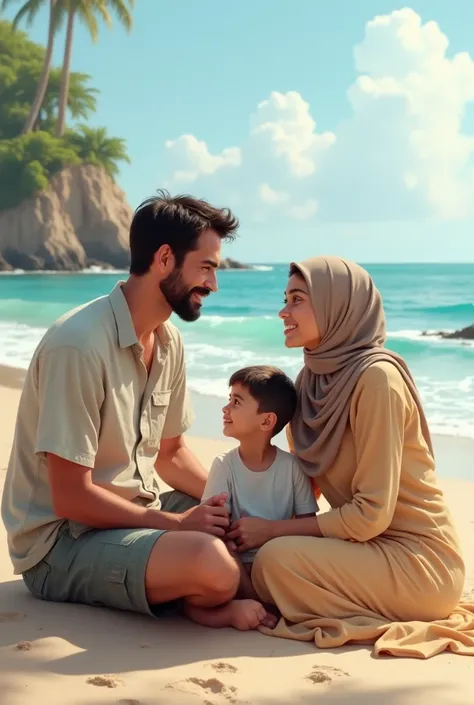 A 35-year-old man wears a casual shirt with short cargo pants, a 29-year-old woman wearing a casual dress with a hijab, a  boy wearing casual clothes sits together equally at a beautiful beach spot 