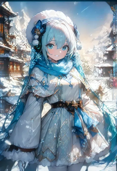 fantasy CG digital art, Hatsune Miku depicted in a fantastic snow world .Miku is cute ,  I wear a soft white hat with white fluffy fur and cute outerwear that blends into the snowy landscape. She's white I'm wearing a turtleneck sweater and a scarf the sam...