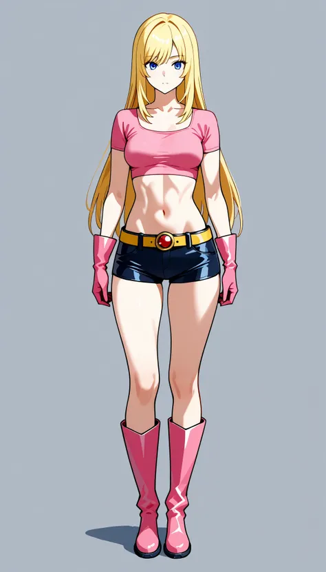 adult women, long hair, straight hair, blonde with layered bangs, blue eyes, tall, slim and toned body, medium chest, pink crop top, tight, scoop neckline, short sleeves, short pink gloves, midriff, low-rise dark blue leather shorts, yellow belt with red j...