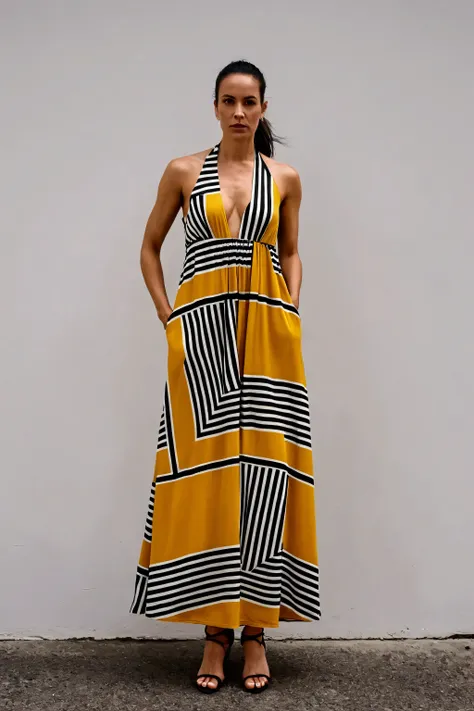 a woman in a dress standing in front of a white wall, new york city, street photography, stunning lines, female figure in maxi dress, bold black lines, graphic print, bold lines, wearing a long dress, clean lines, inspired by Fernando Gerassi, tube-top dre...