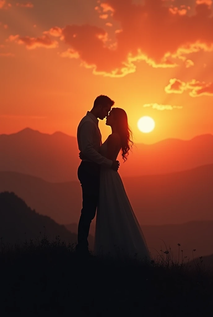 An image of a couple who can only be seen in the shadows giving each other a hug and in the background a sunset and them on a hill looking at each other 