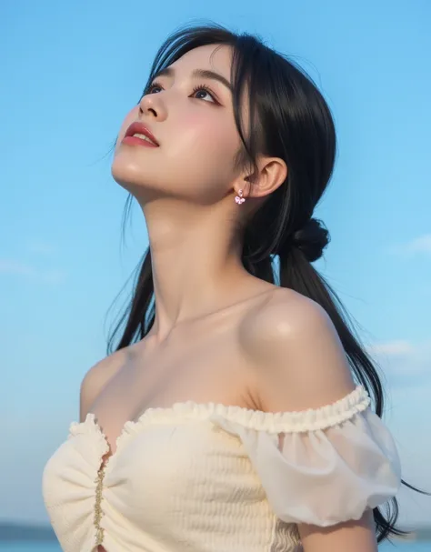 (Super cute busty Korean college girl is looking up at the beautiful clear blue sky:1.2)(Happy smile:1.2)(16k,  RAW photos ,  top quality,  Masterpiece: 1.2),( cute bun hair with glossy black hair )  Super Detail,  Super Resolution, (Genuine, Genuine photo...